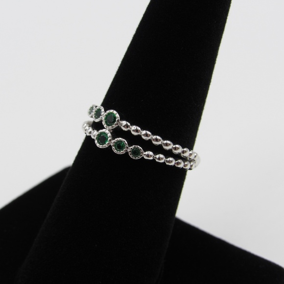 Sterling Silver Beaded Band Green CZ Diamond Ring - Picture 2 of 5